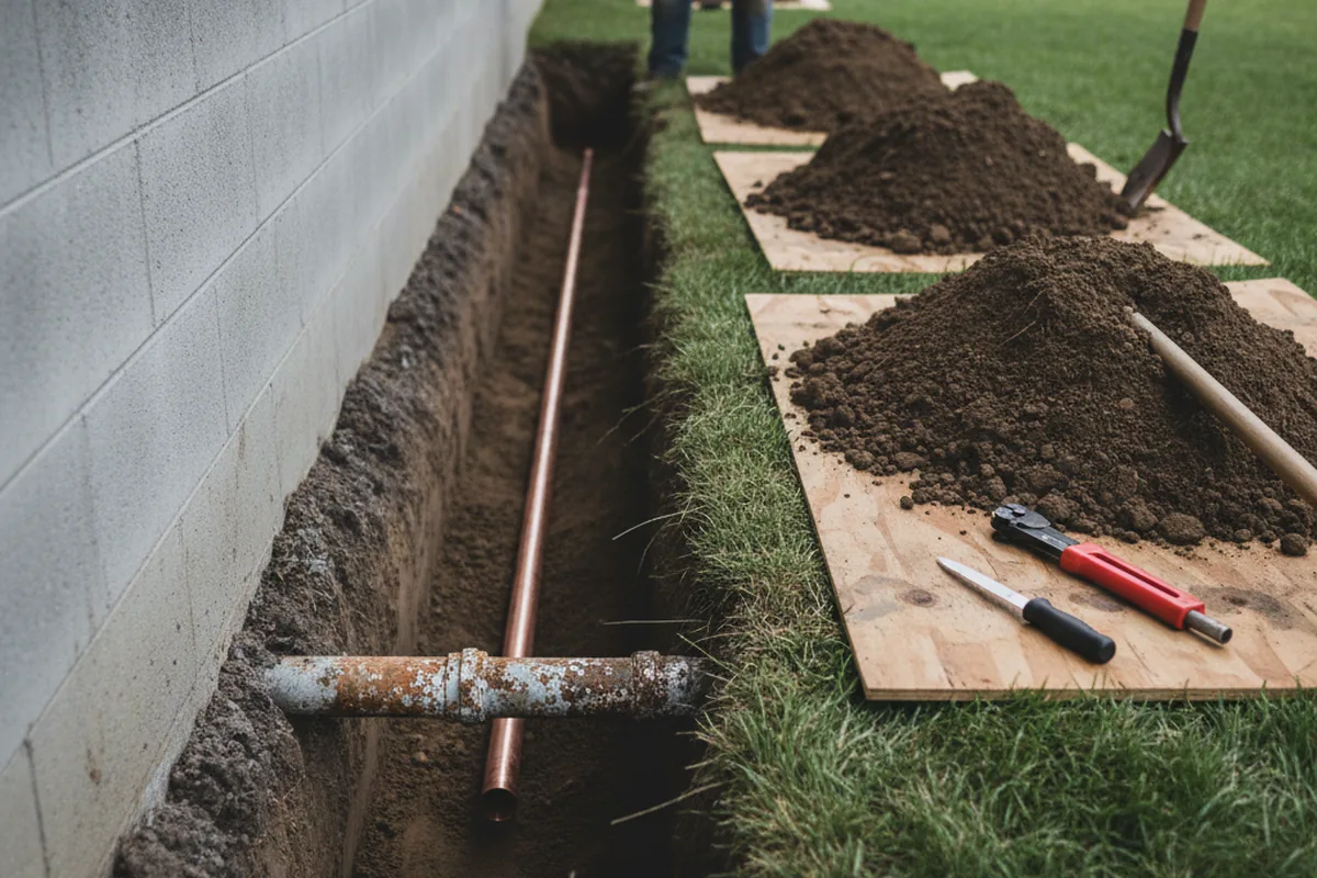 Excavated water line trench during Water Softener Installation in Larose